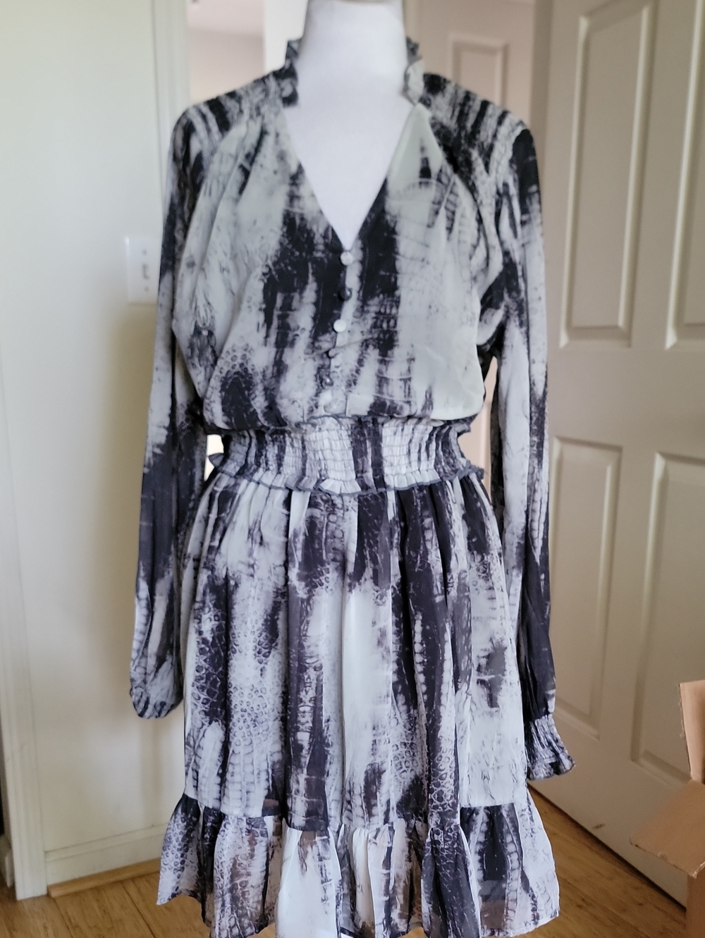 Bluivy Black & White Tie-Dye Long Sleeve Smocked Waist Dress
